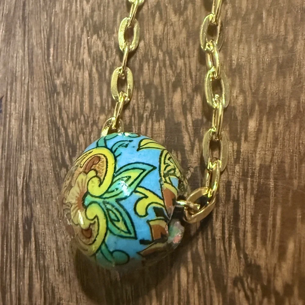 Antique Italian Hand-Painted Venetian Bead Pendant Necklace, 24 GP‎ Chain, 19”